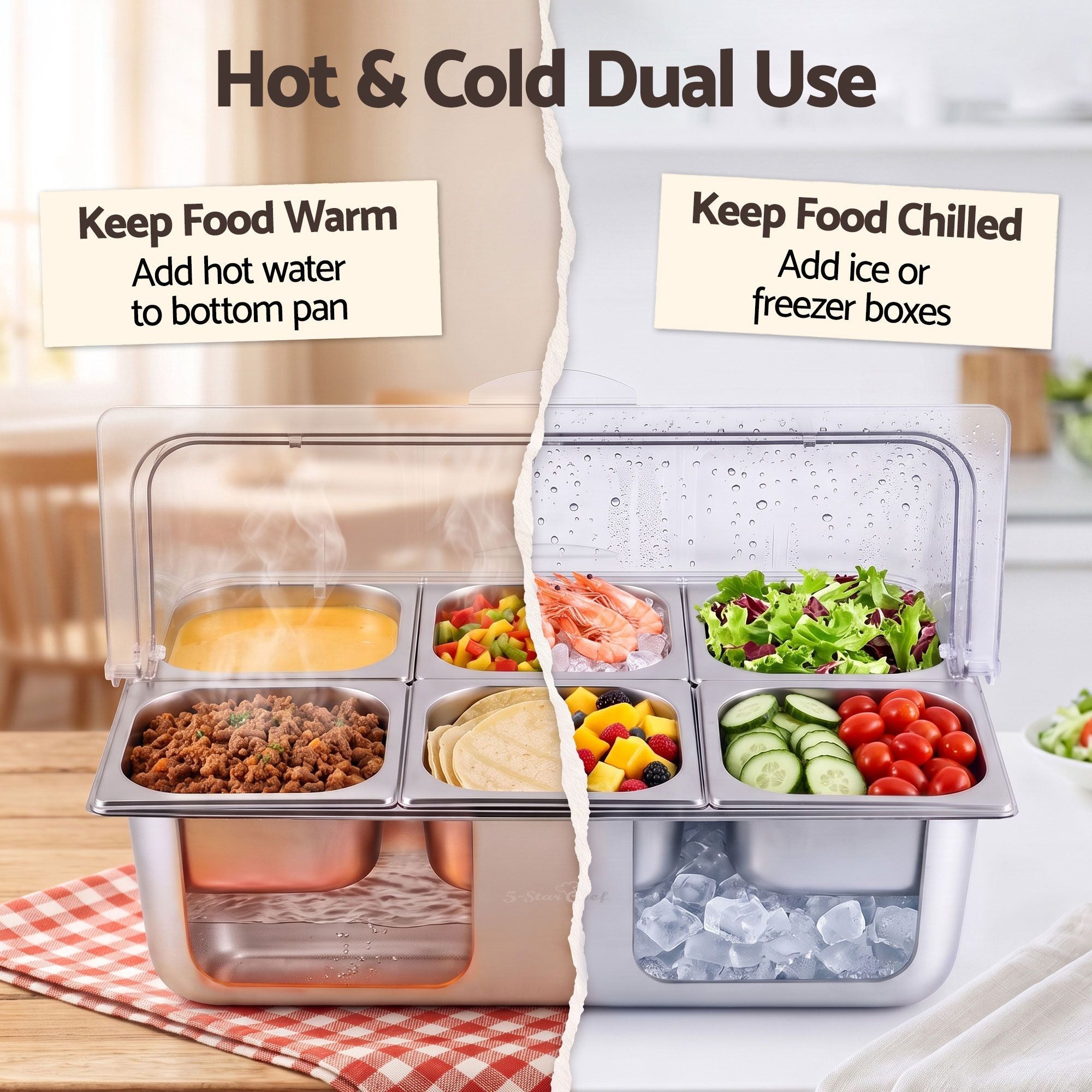 5-Star Chef 6 Pan Food Serving Display Stainless Steel Cooler Platter with Clear Roll Top Cover