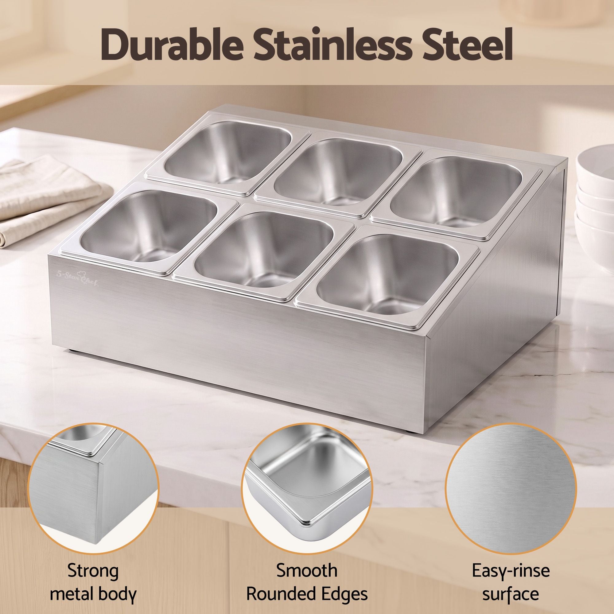 5-Star Chef 6 Pan Food Serving Display Container Stainless Steel Food Container Lids