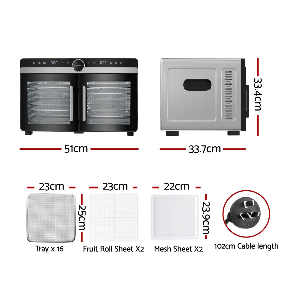 Food Dehydrators: Devanti 16 Trays Food Dehydrator Dual-Zone Stainless Steel
