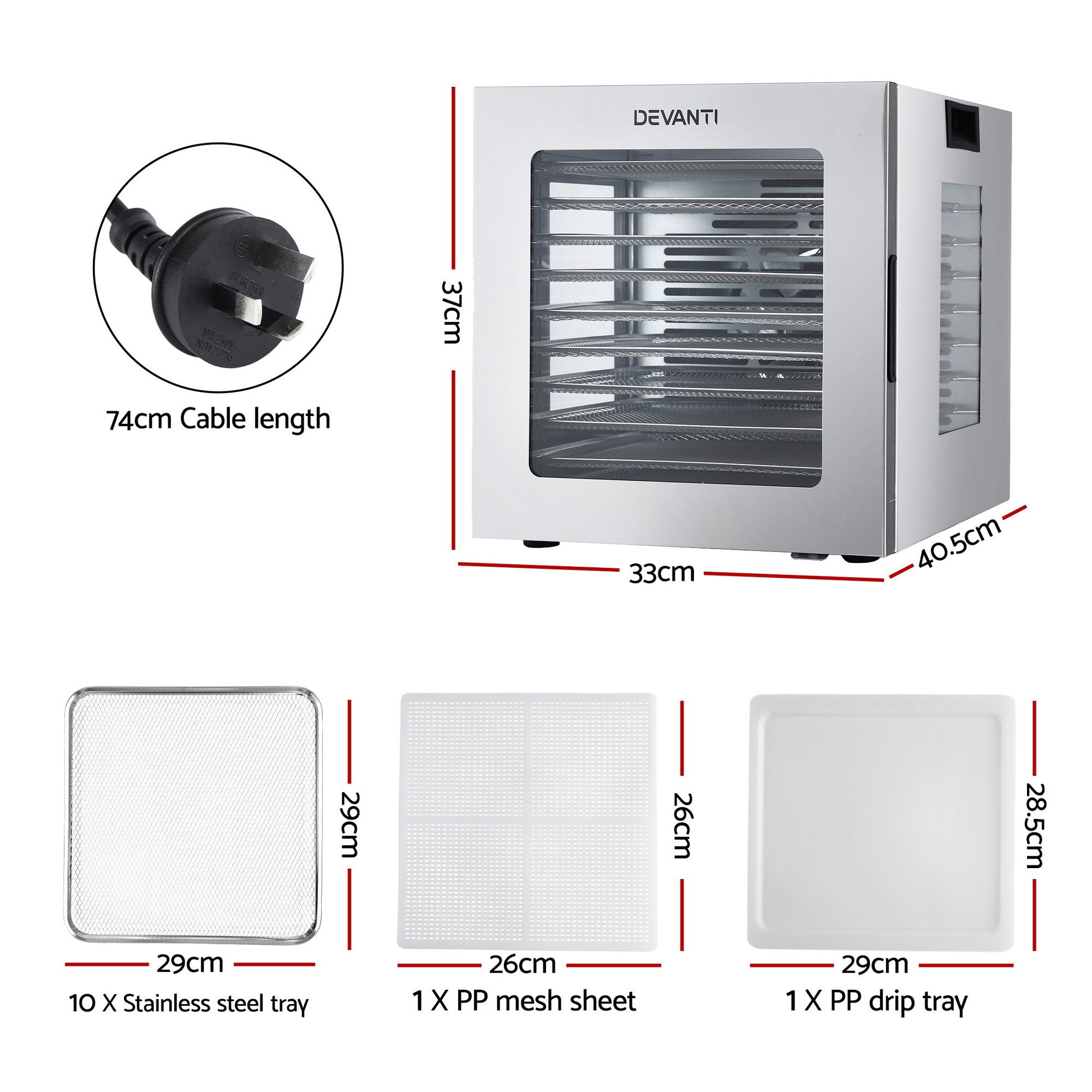 Food Dehydrators: Devanti 10 Trays Food Dehydrator Stainless Steel Visible Glass Door 850W