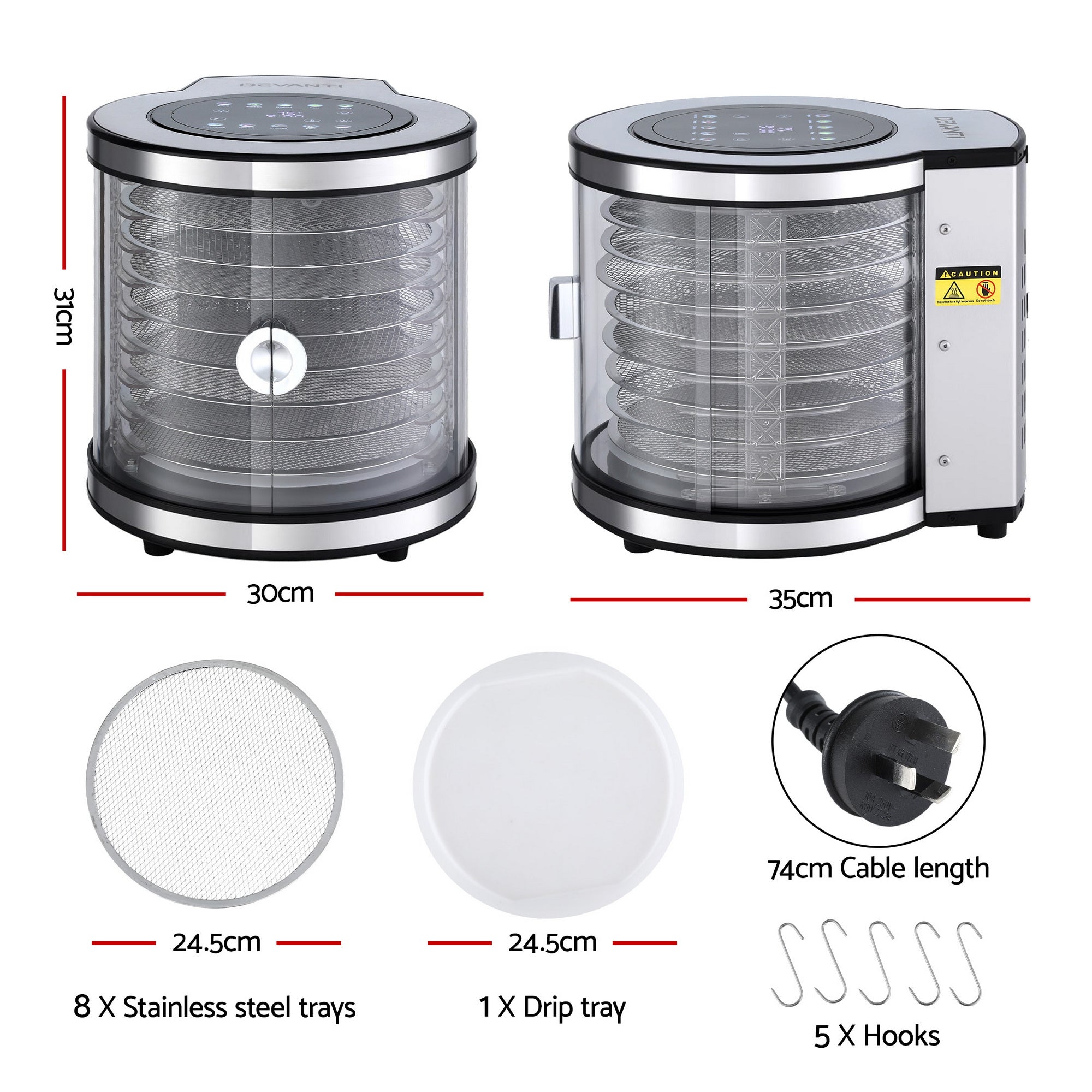 Food Dehydrators: Devanti 8 Trays Food Dehydrator Stainless Steel Auto-Rotate 10 Programs 700W