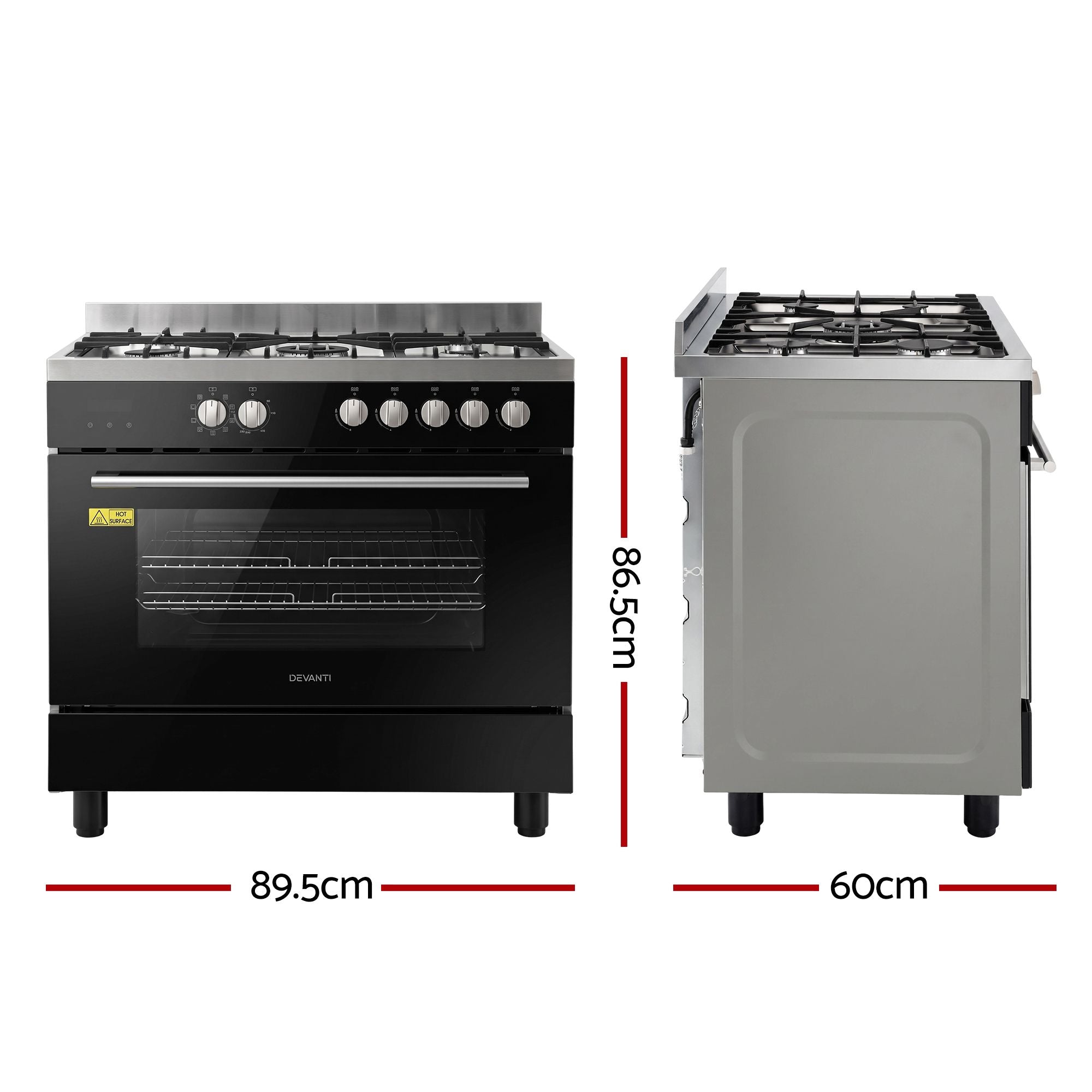 Devanti 90cm Dual Fuel Cooker Gas Cooktop Electric Oven 5 Burner