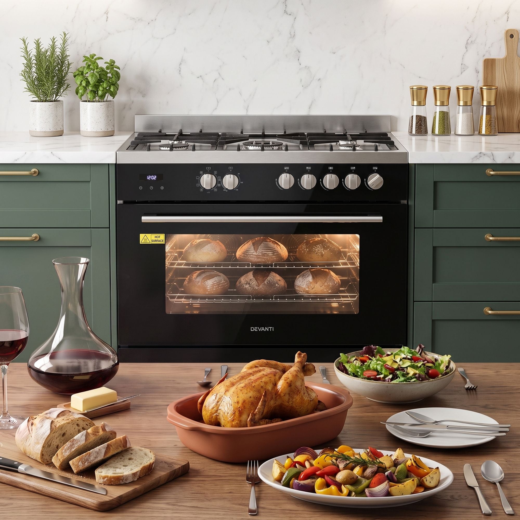 Devanti 90cm Dual Fuel Cooker Gas Cooktop Electric Oven 5 Burner