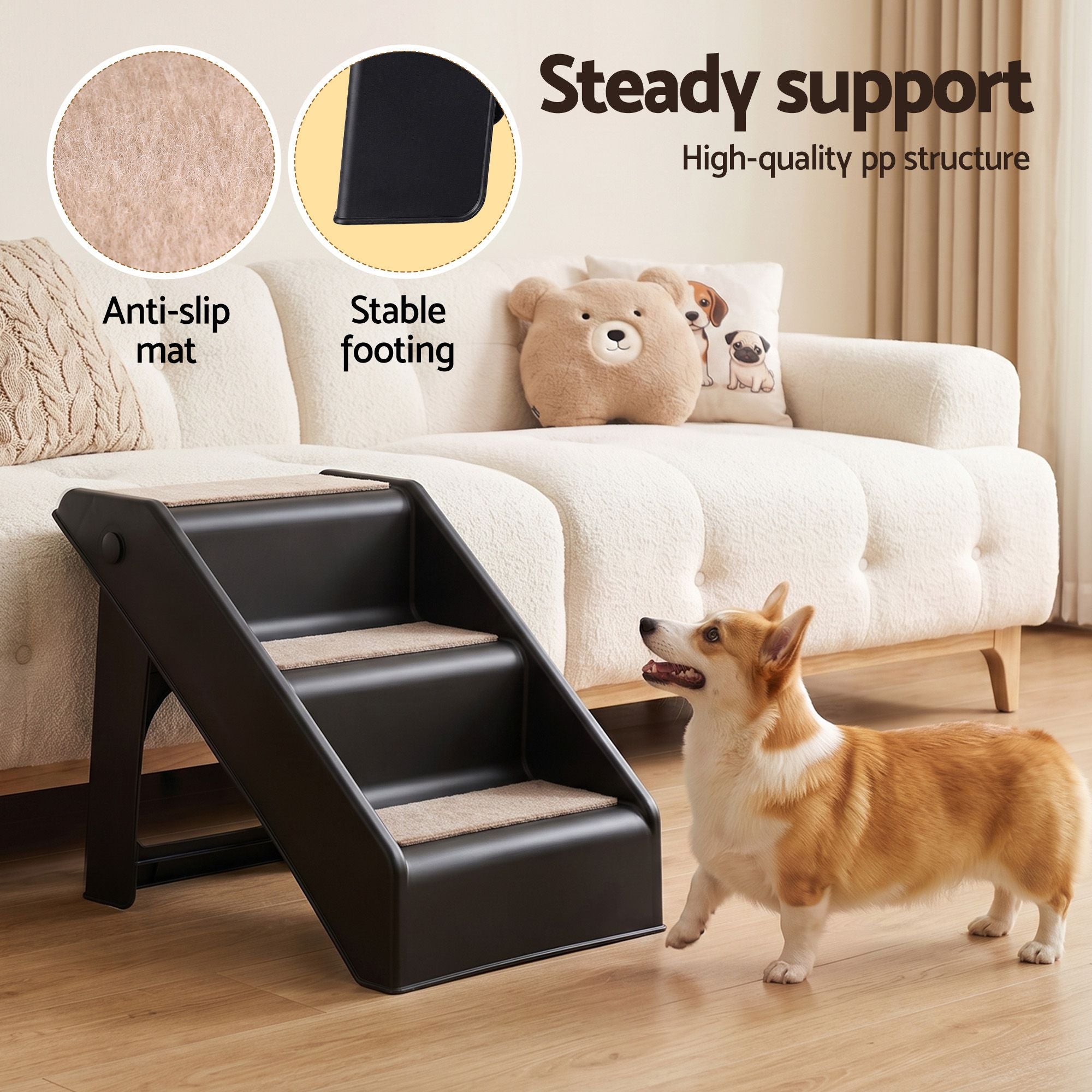 i.Pet Dog Ramp 3 Steps Pet Stairs For Bed Sofa Car Foldable Portable Ladder Black