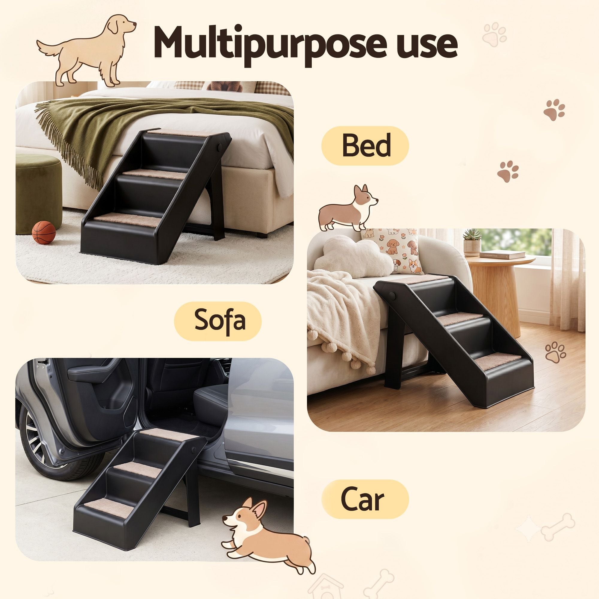 i.Pet Dog Ramp 3 Steps Pet Stairs For Bed Sofa Car Foldable Portable Ladder Black
