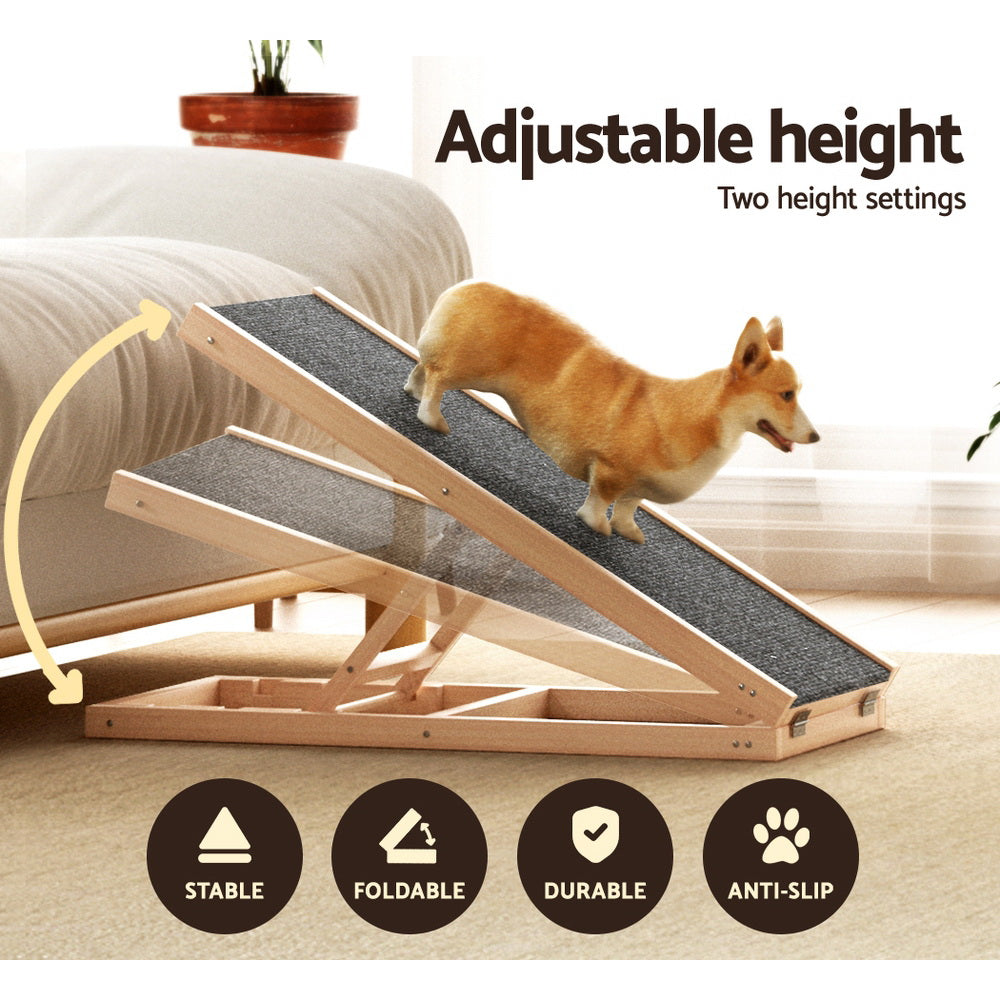 Dog Steps & Ramps: i.Pet Dog Ramp 70cm Adjustable Height Wooden Steps Stairs For Bed Sofa Car Foldable