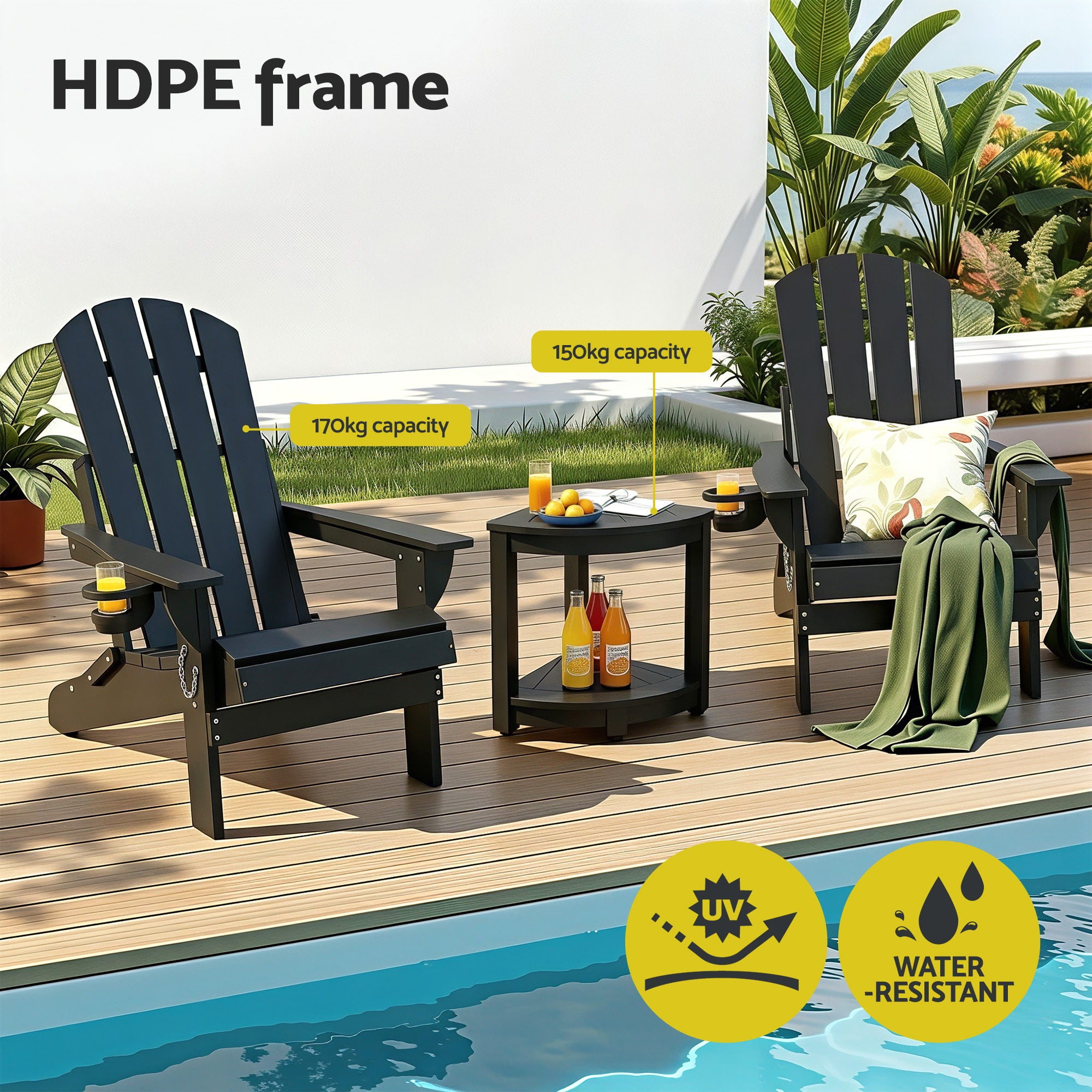 Gardeon Outdoor Table and Chairs HDPE Folding Adirondack Beach Chair Patio Furniture Black