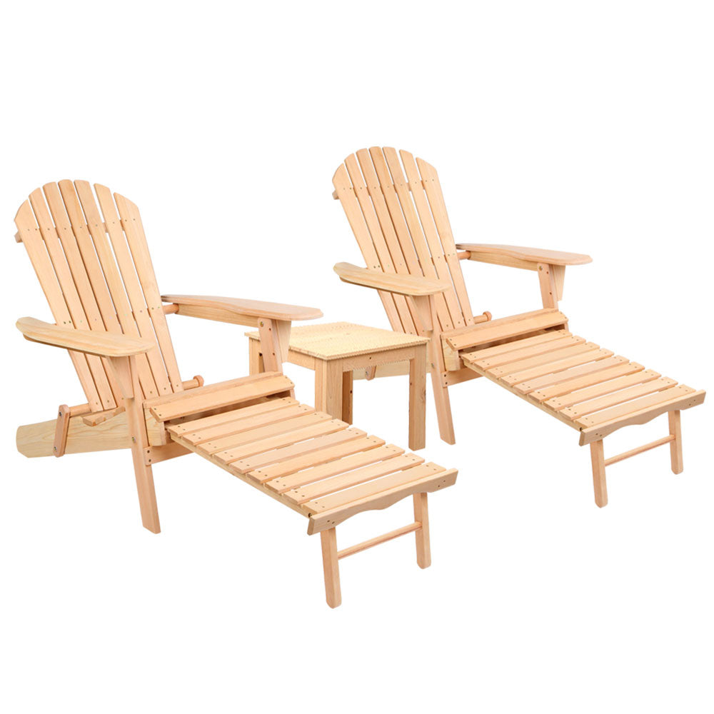 Outdoor Sofas & Lounge Sets: Gardeon 3PC Adirondack Outdoor Table and Chairs? Wooden Sun Lounge Beach Patio Natural
