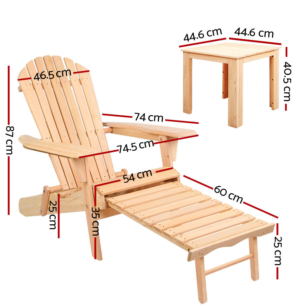 Outdoor Sofas & Lounge Sets: Gardeon 3PC Adirondack Outdoor Table and Chairs? Wooden Sun Lounge Beach Patio Natural