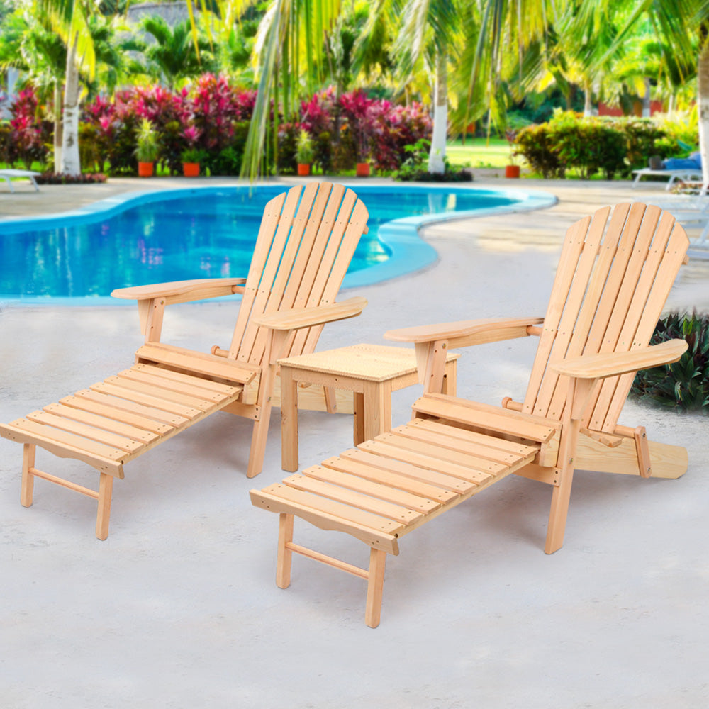 Outdoor Sofas & Lounge Sets: Gardeon 3PC Adirondack Outdoor Table and Chairs? Wooden Sun Lounge Beach Patio Natural
