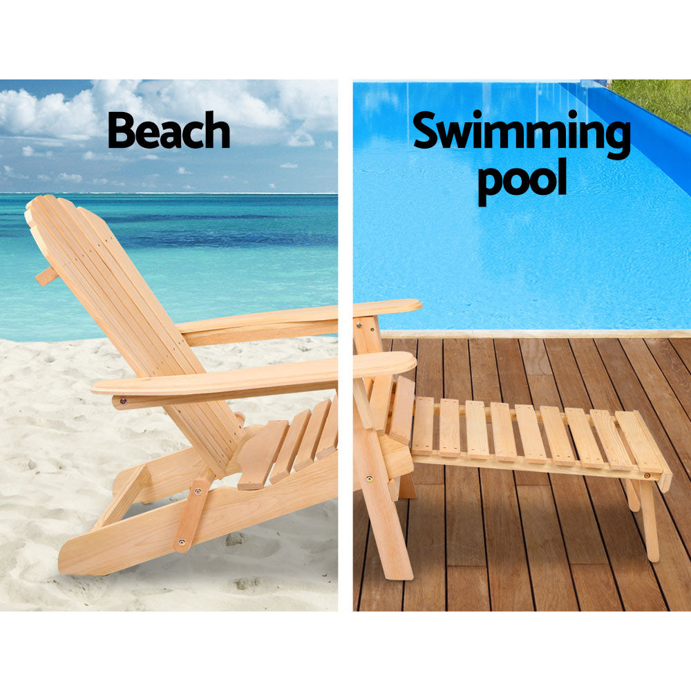 Outdoor Sofas & Lounge Sets: Gardeon 3PC Adirondack Outdoor Table and Chairs? Wooden Sun Lounge Beach Patio Natural