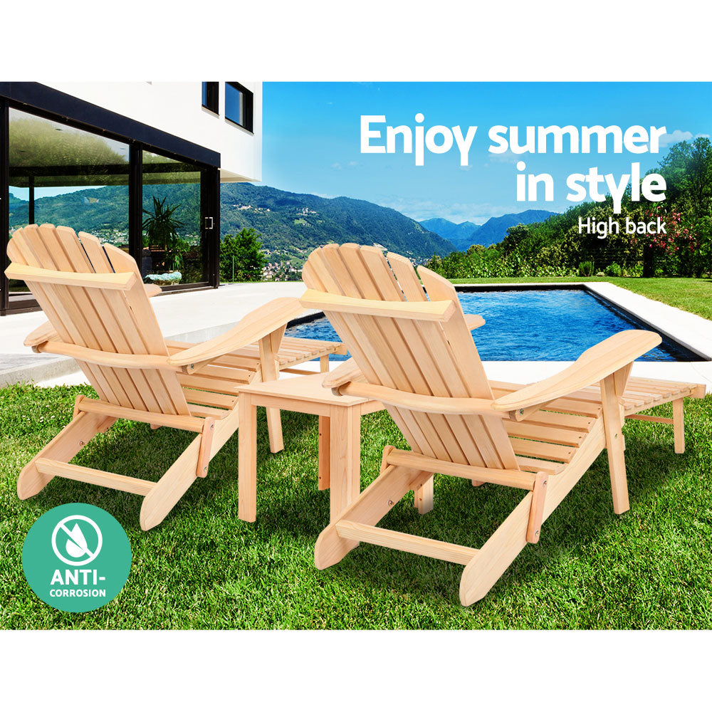 Outdoor Sofas & Lounge Sets: Gardeon 3PC Adirondack Outdoor Table and Chairs? Wooden Sun Lounge Beach Patio Natural