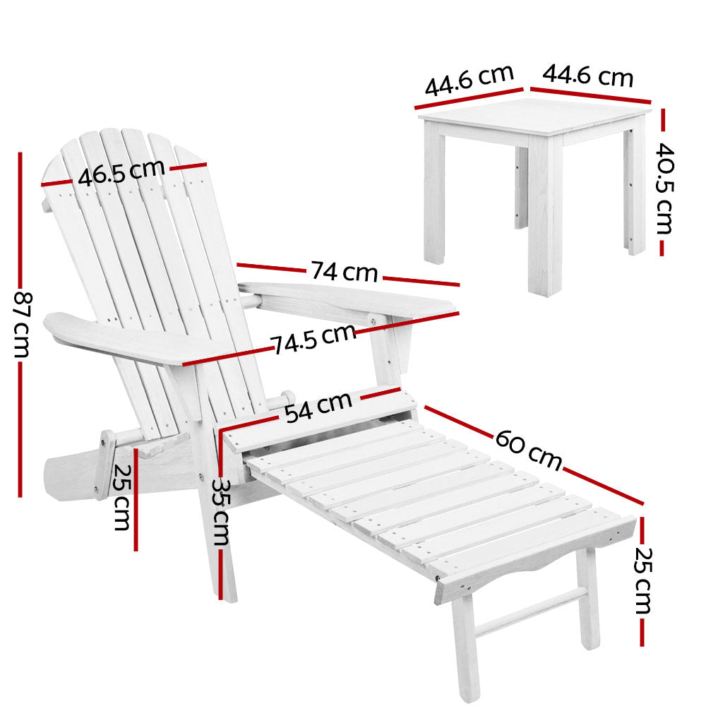 Outdoor Sofas & Lounge Sets: Gardeon 3PC Adirondack Outdoor Table and Chairs Wooden Sun Lounge Beach Patio White