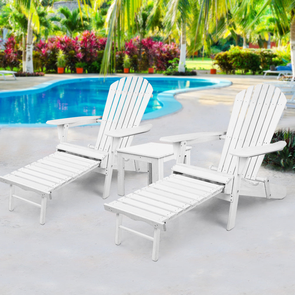 Outdoor Sofas & Lounge Sets: Gardeon 3PC Adirondack Outdoor Table and Chairs Wooden Sun Lounge Beach Patio White