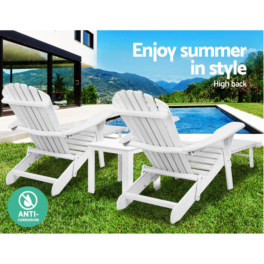Outdoor Sofas & Lounge Sets: Gardeon 3PC Adirondack Outdoor Table and Chairs Wooden Sun Lounge Beach Patio White