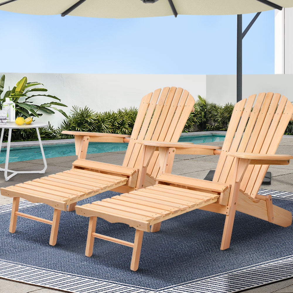 Outdoor Chairs: Gardeon 2PC Adirondack Outdoor Chairs Wooden Sun Lounge Patio Furniture Garden Natural