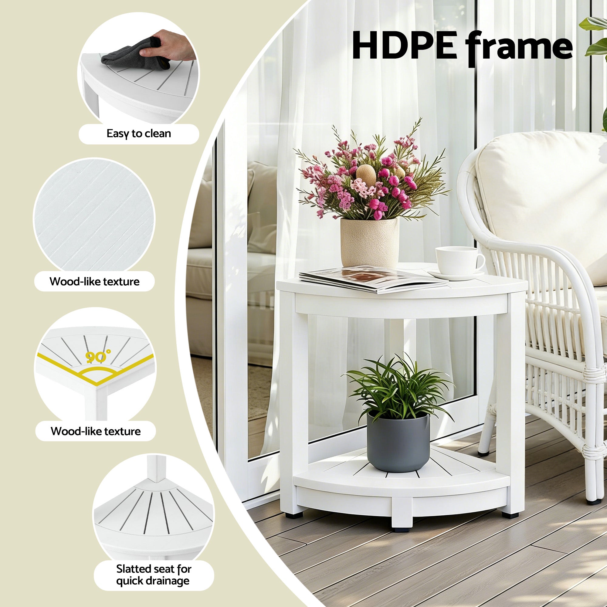 Gardeon Outdoor Coffee Side Table HDPE Desk Corner Shower Stool Bench Seat with Storage Shelf White