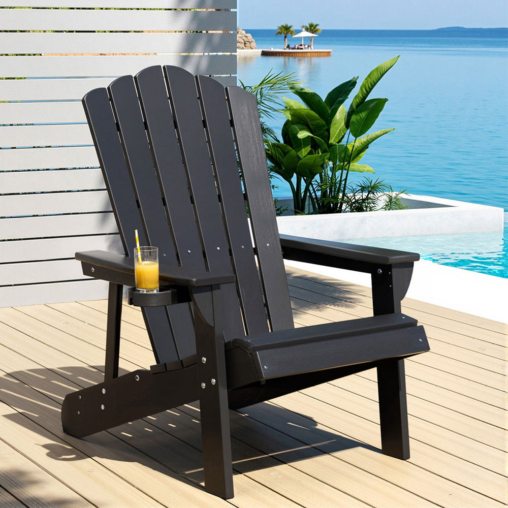 Outdoor Chairs: Gardeon Outdoor Chairs HDPE Adirondack Beach Chair Sun Lounge Patio Furniture Garden Black