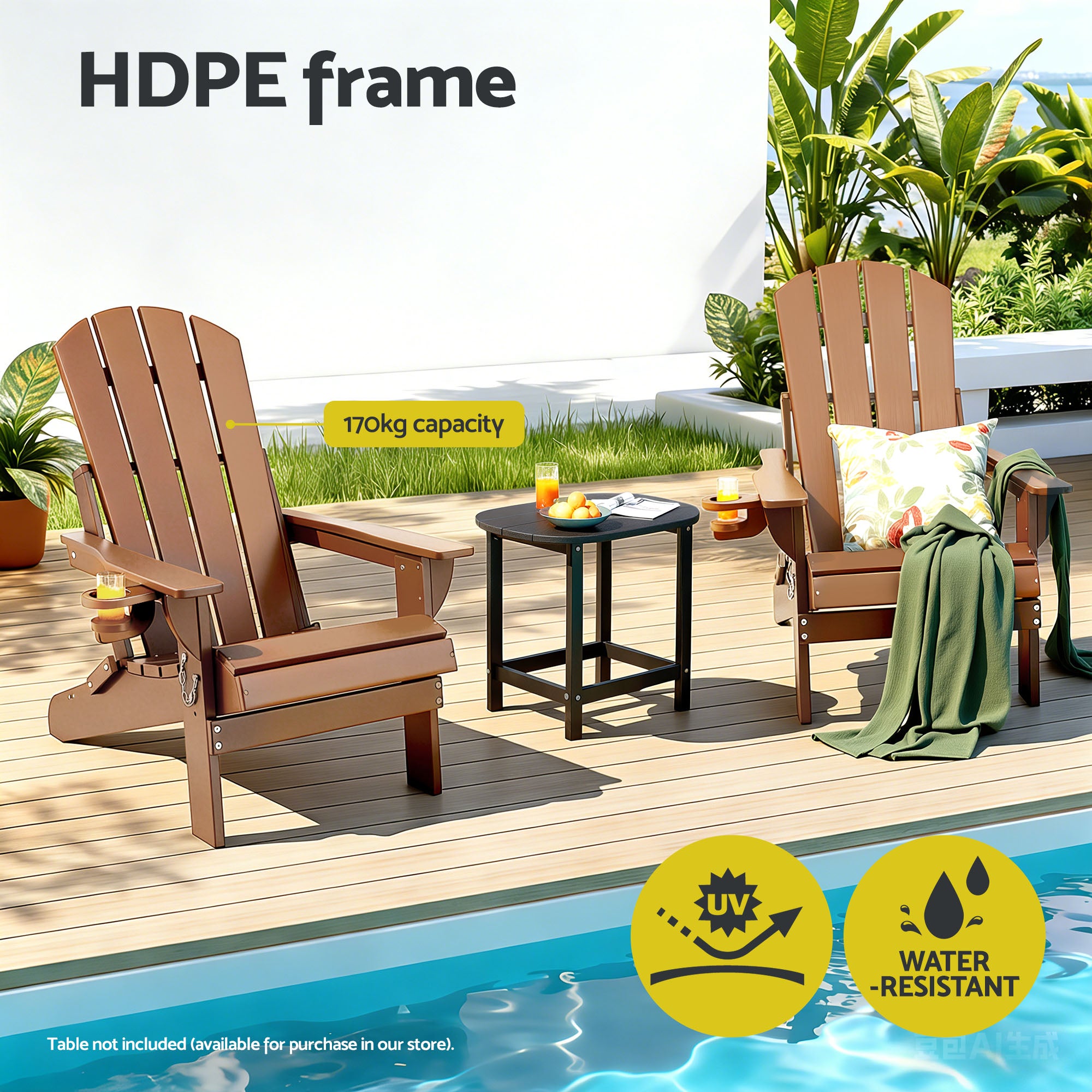 Gardeon Outdoor Chairs Folding Adirondack Beach Chair HDPE Sun Lounge Patio Furniture Garden Brown