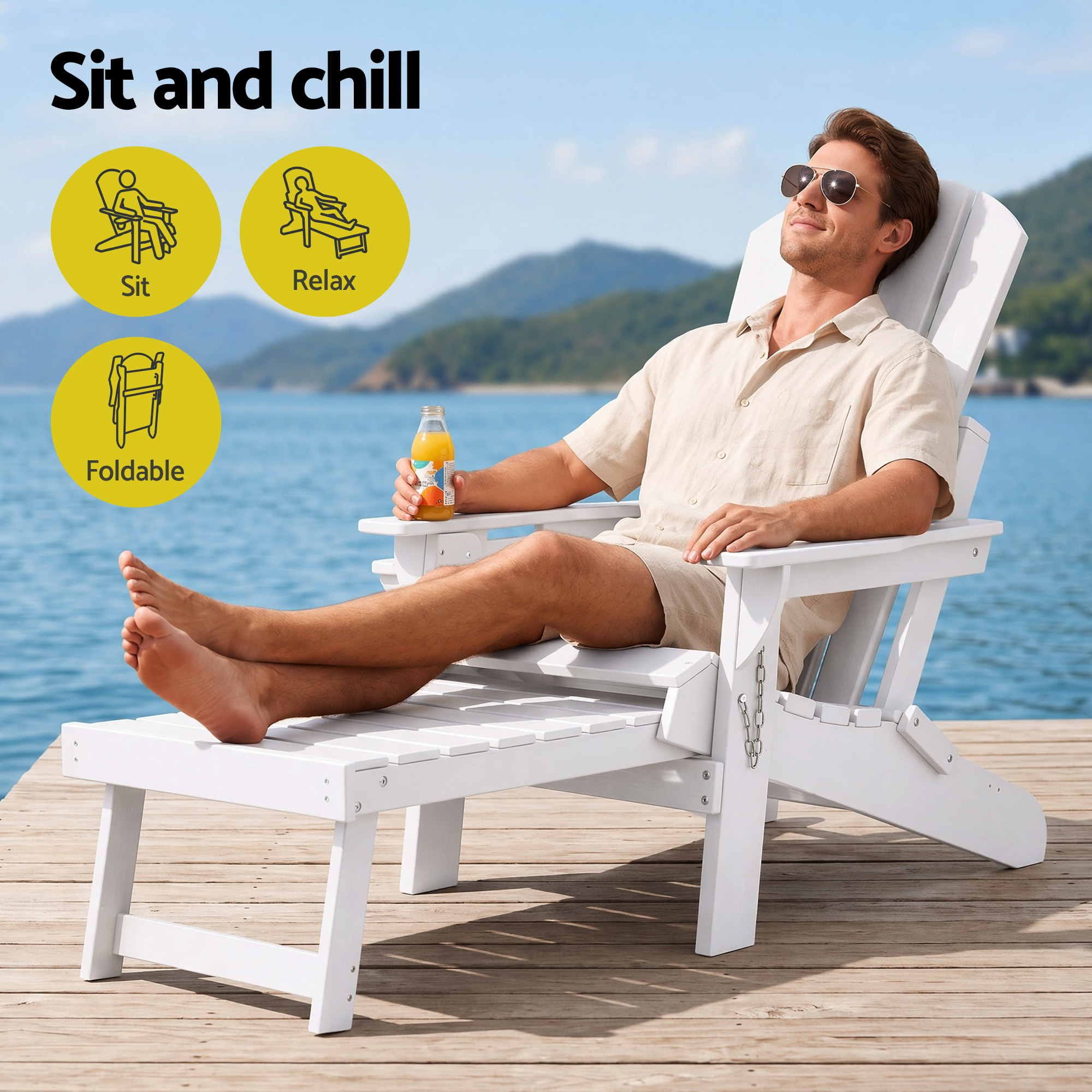 Gardeon Folding Sun Lounger Adirondack Chair Outdoor Lounge Setting HDPE Recliner Footrest White