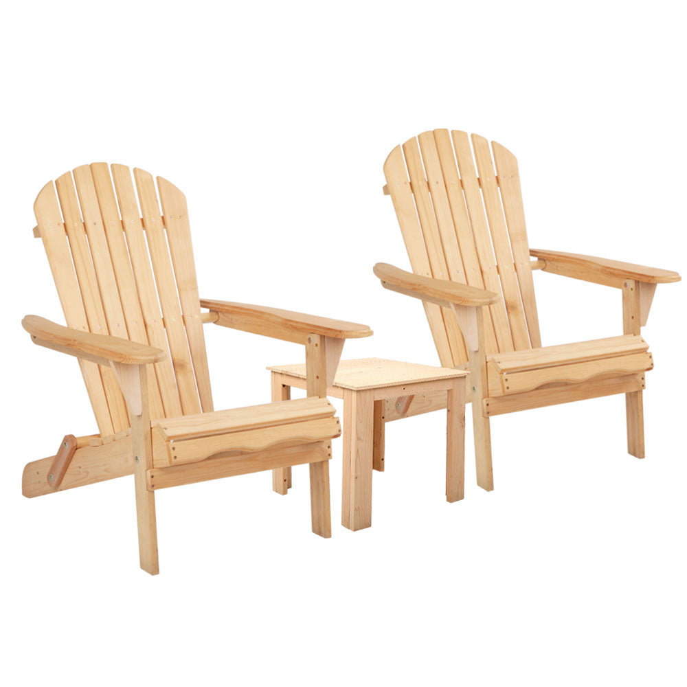 Outdoor Sofas & Lounge Sets: Gardeon 3PC Adirondack Outdoor Table and Chairs Wooden Foldable Beach Chair Natural