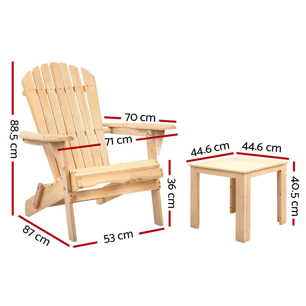Outdoor Sofas & Lounge Sets: Gardeon 3PC Adirondack Outdoor Table and Chairs Wooden Foldable Beach Chair Natural