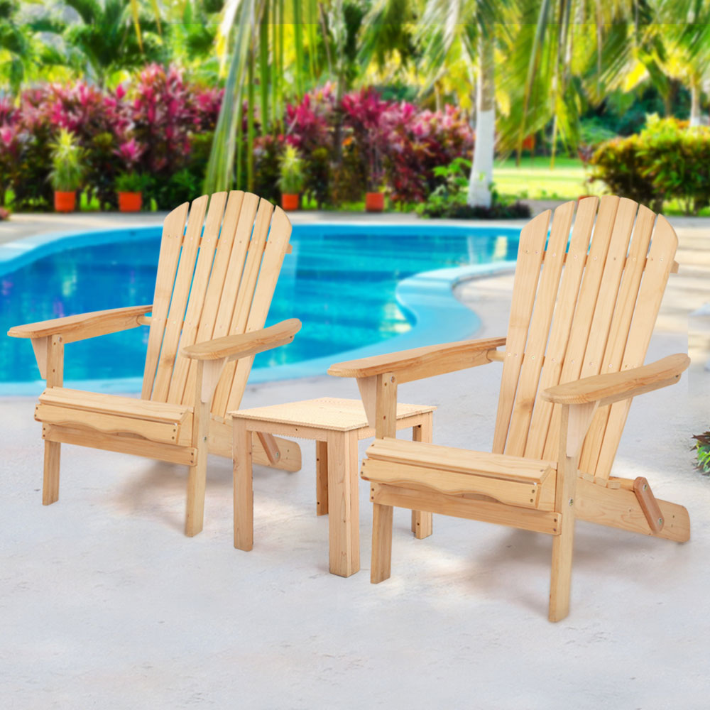 Outdoor Sofas & Lounge Sets: Gardeon 3PC Adirondack Outdoor Table and Chairs Wooden Foldable Beach Chair Natural