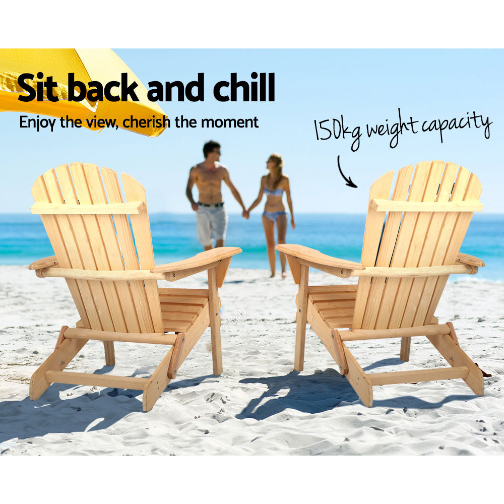Outdoor Sofas & Lounge Sets: Gardeon 3PC Adirondack Outdoor Table and Chairs Wooden Foldable Beach Chair Natural