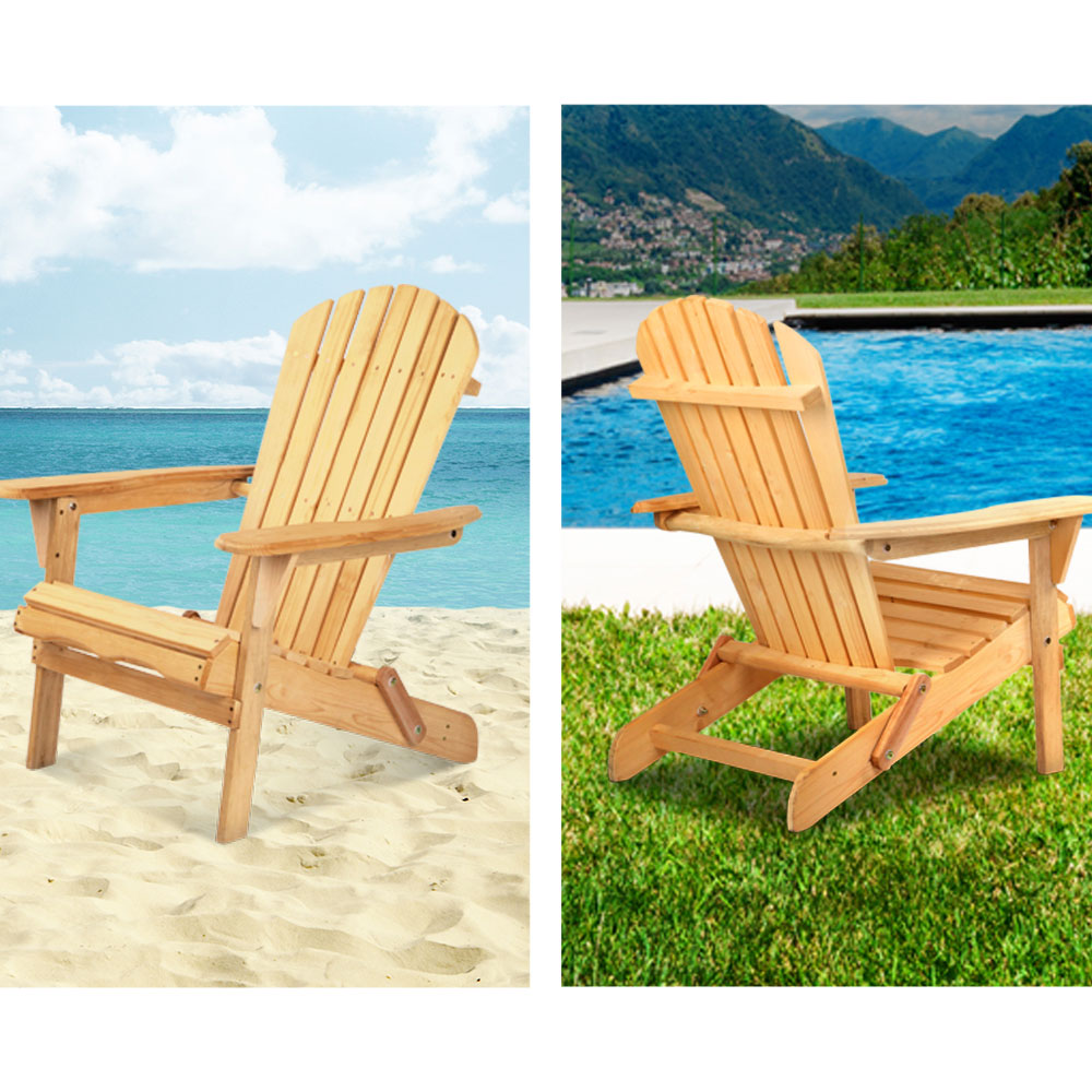 Outdoor Sofas & Lounge Sets: Gardeon 3PC Adirondack Outdoor Table and Chairs Wooden Foldable Beach Chair Natural