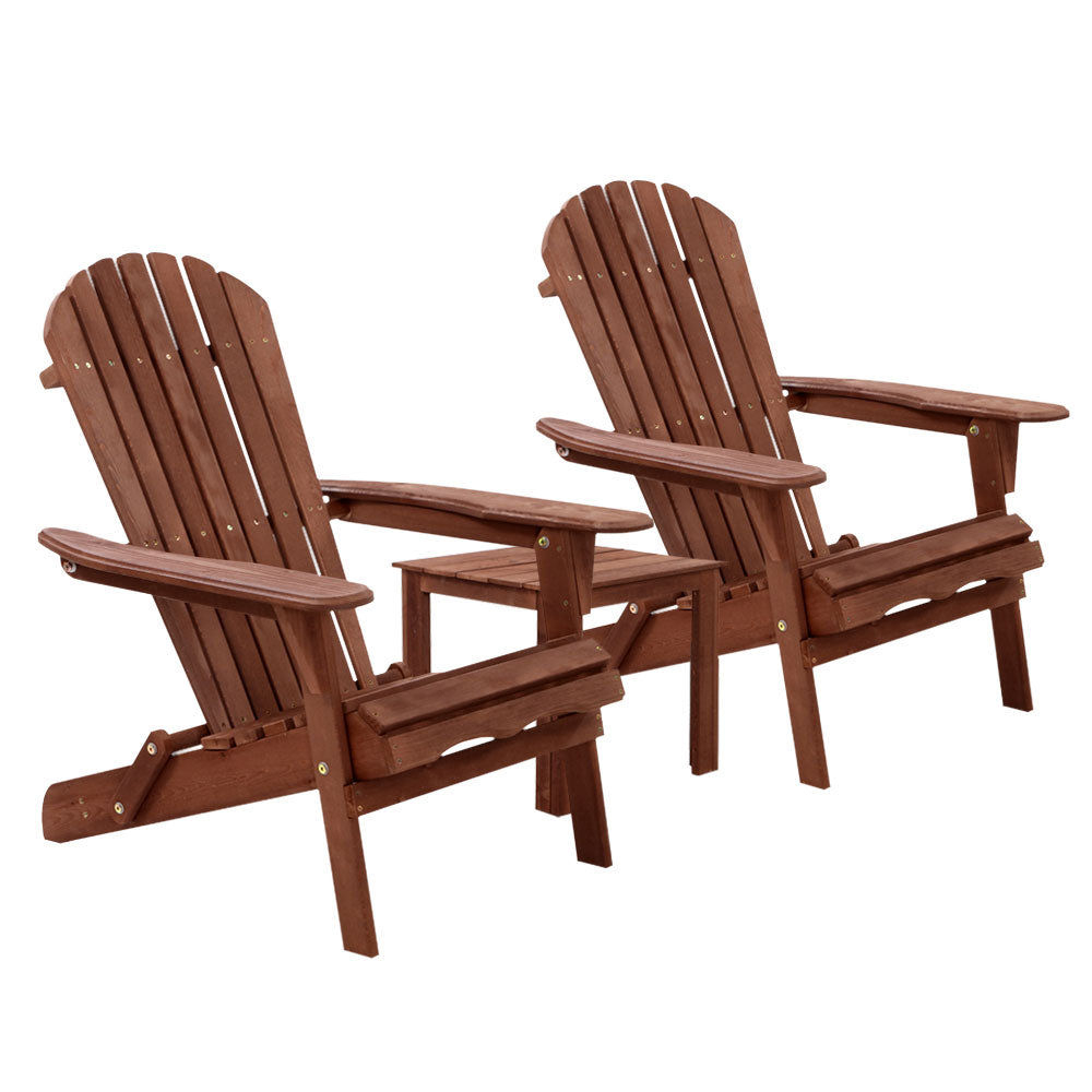 Outdoor Sofas & Lounge Sets: Gardeon 3PC Adirondack Outdoor Table and Chairs Wooden Foldable Beach Chair Brown