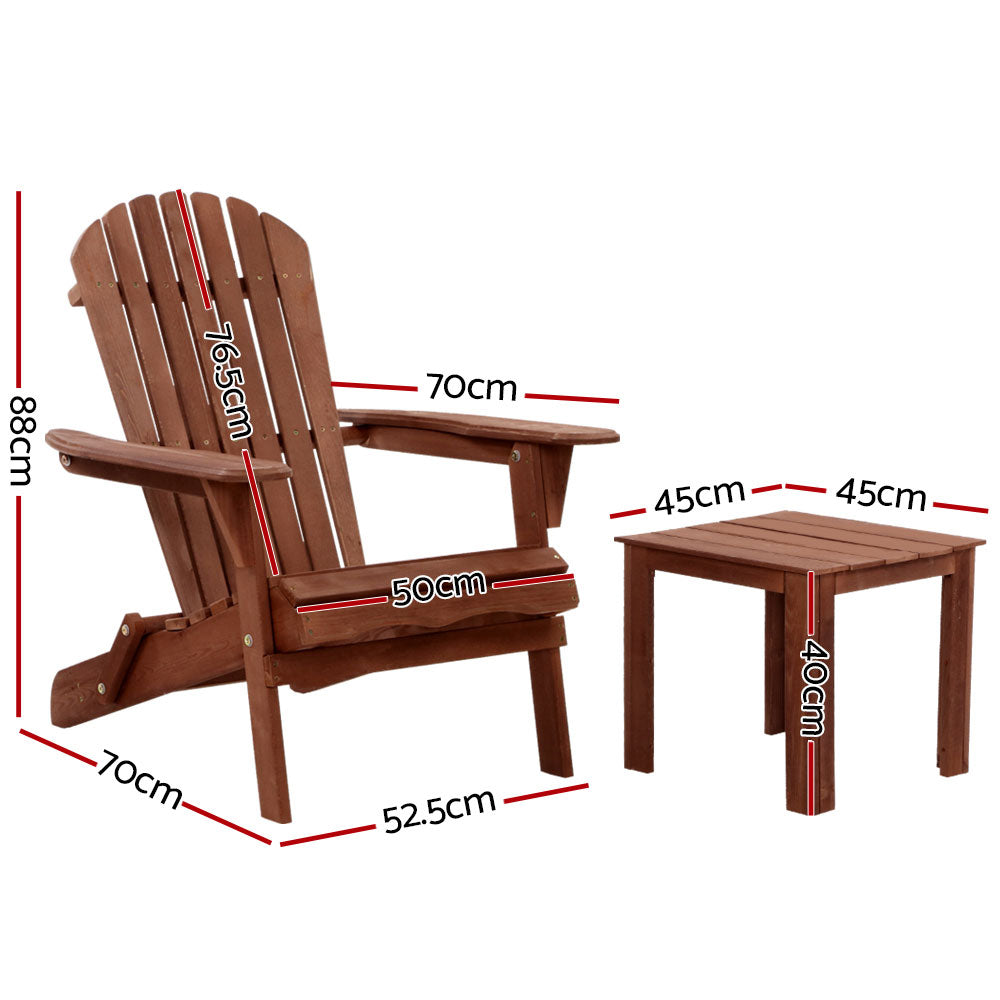 Outdoor Sofas & Lounge Sets: Gardeon 3PC Adirondack Outdoor Table and Chairs Wooden Foldable Beach Chair Brown