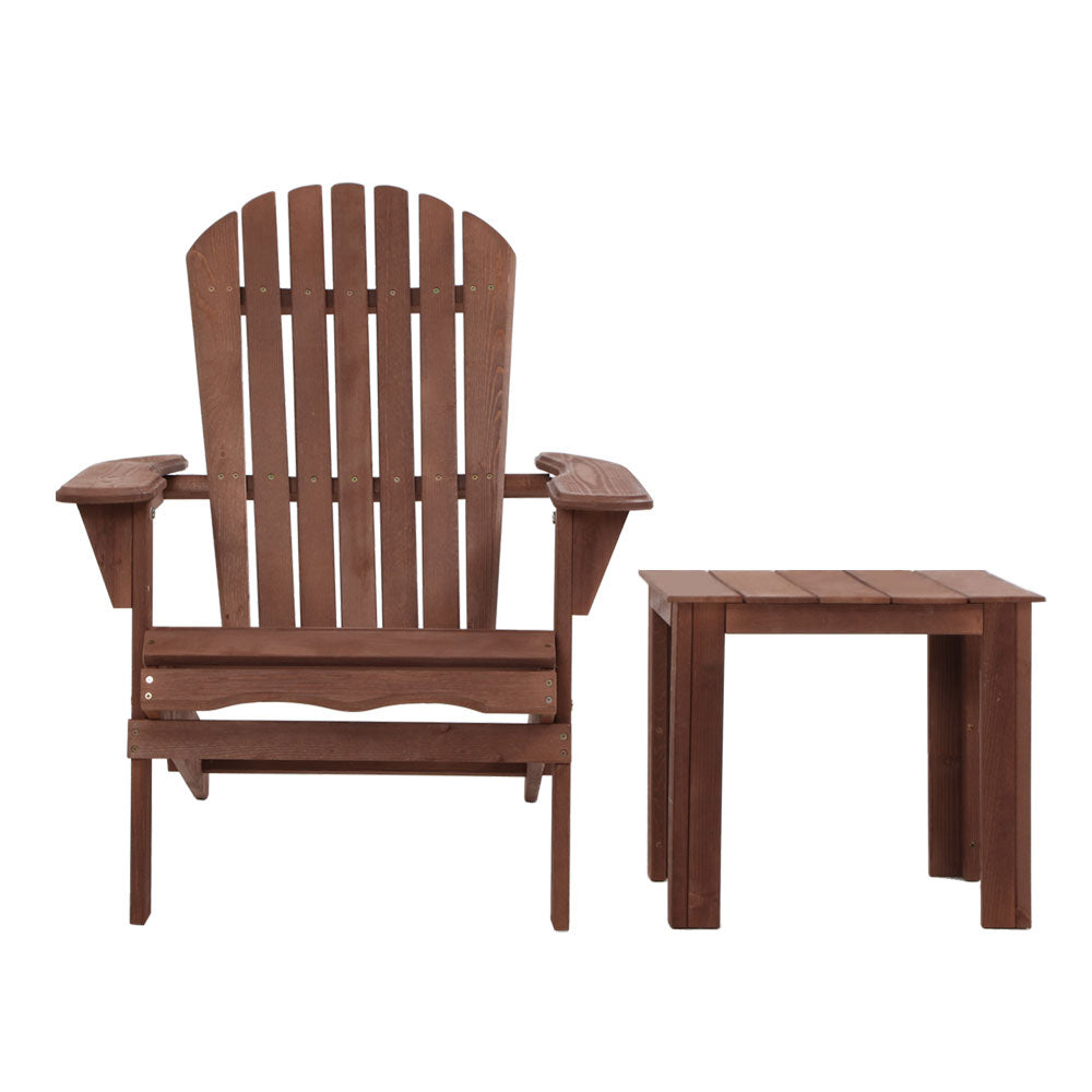 Outdoor Sofas & Lounge Sets: Gardeon 3PC Adirondack Outdoor Table and Chairs Wooden Foldable Beach Chair Brown
