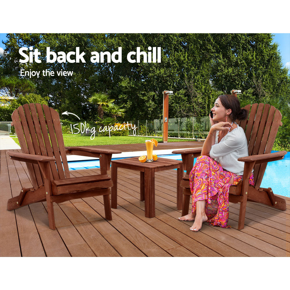 Outdoor Sofas & Lounge Sets: Gardeon 3PC Adirondack Outdoor Table and Chairs Wooden Foldable Beach Chair Brown