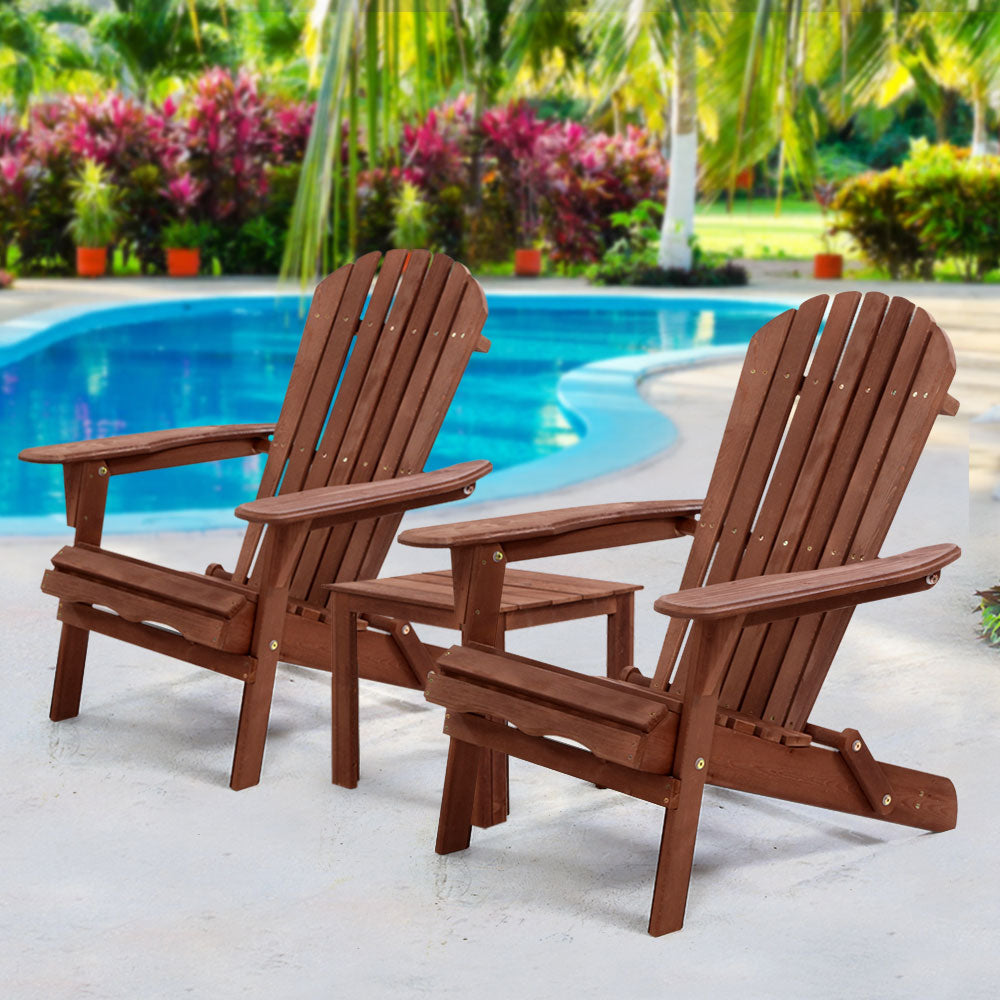 Outdoor Sofas & Lounge Sets: Gardeon 3PC Adirondack Outdoor Table and Chairs Wooden Foldable Beach Chair Brown