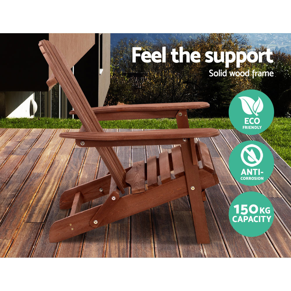 Outdoor Sofas & Lounge Sets: Gardeon 3PC Adirondack Outdoor Table and Chairs Wooden Foldable Beach Chair Brown
