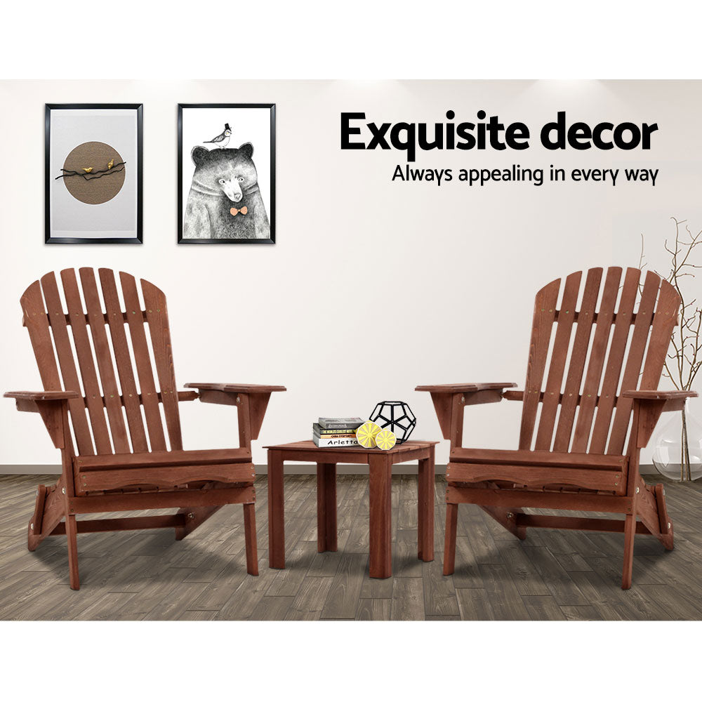 Outdoor Sofas & Lounge Sets: Gardeon 3PC Adirondack Outdoor Table and Chairs Wooden Foldable Beach Chair Brown