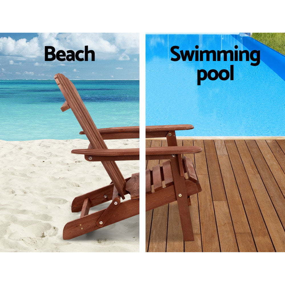 Outdoor Sofas & Lounge Sets: Gardeon 3PC Adirondack Outdoor Table and Chairs Wooden Foldable Beach Chair Brown