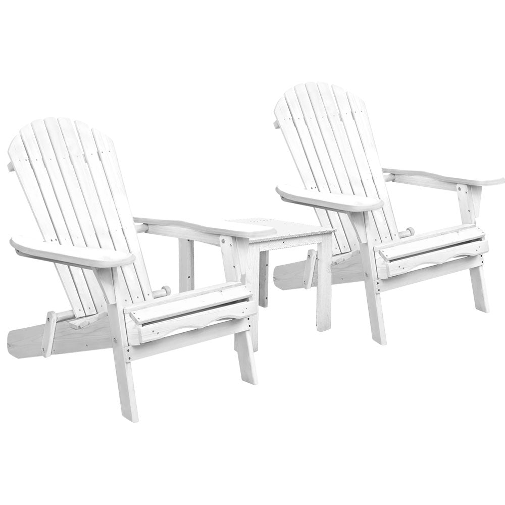 Outdoor Sofas & Lounge Sets: Gardeon 3PC Adirondack Outdoor Table and Chairs Wooden Foldable Beach Chair White
