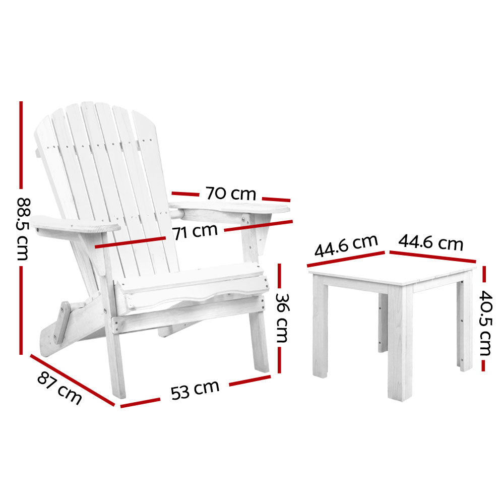 Outdoor Sofas & Lounge Sets: Gardeon 3PC Adirondack Outdoor Table and Chairs Wooden Foldable Beach Chair White