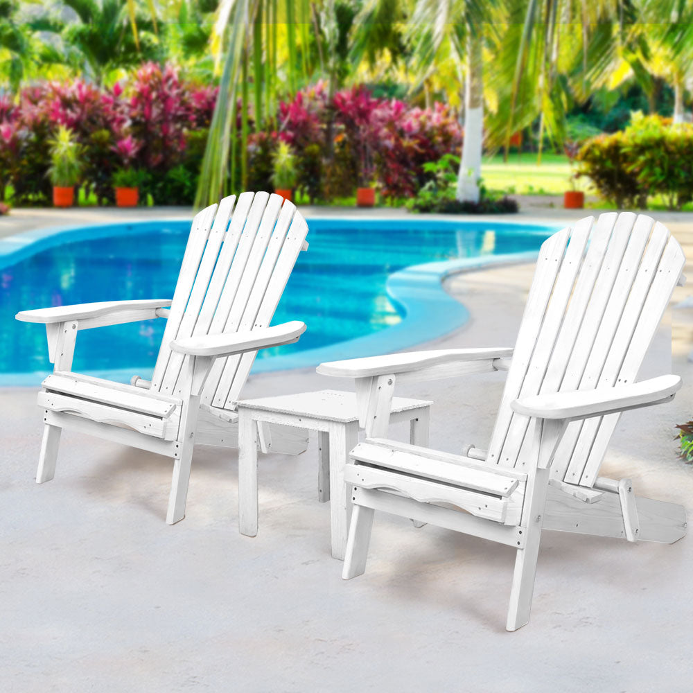 Outdoor Sofas & Lounge Sets: Gardeon 3PC Adirondack Outdoor Table and Chairs Wooden Foldable Beach Chair White