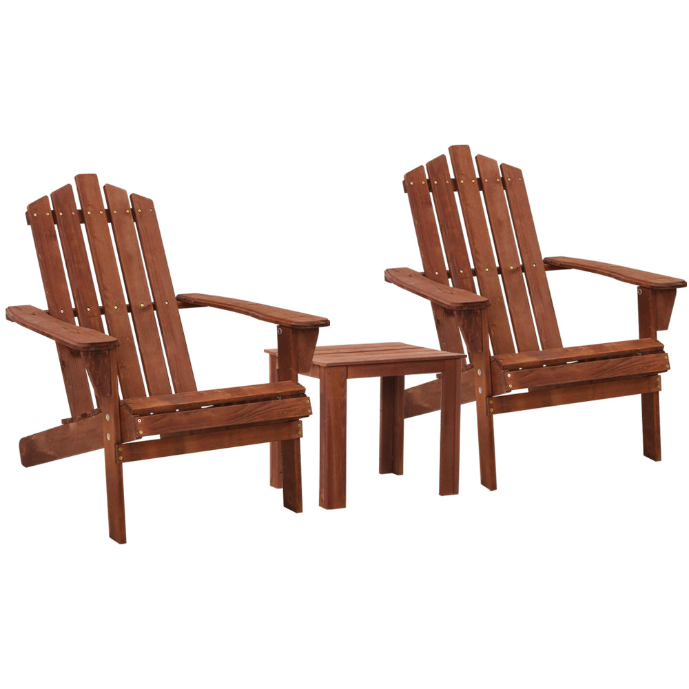 Outdoor Sofas & Lounge Sets: Gardeon 3PC Adirondack Outdoor Table and Chairs Wooden Beach Chair Brown