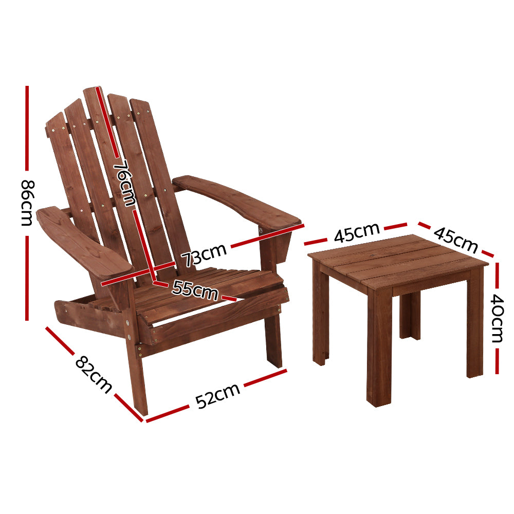 Outdoor Sofas & Lounge Sets: Gardeon 3PC Adirondack Outdoor Table and Chairs Wooden Beach Chair Brown