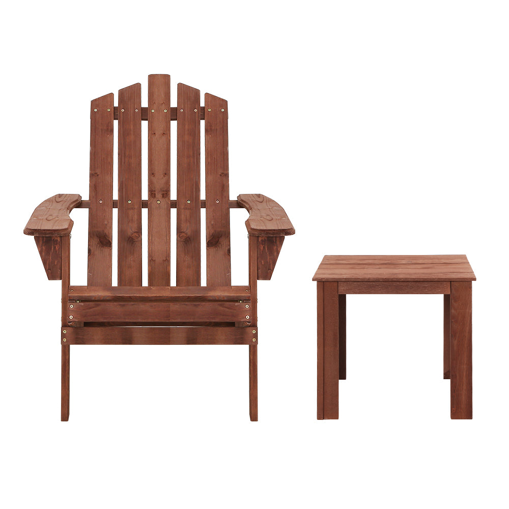 Outdoor Sofas & Lounge Sets: Gardeon 3PC Adirondack Outdoor Table and Chairs Wooden Beach Chair Brown
