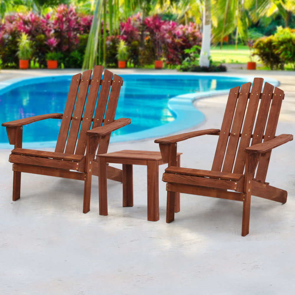 Outdoor Sofas & Lounge Sets: Gardeon 3PC Adirondack Outdoor Table and Chairs Wooden Beach Chair Brown
