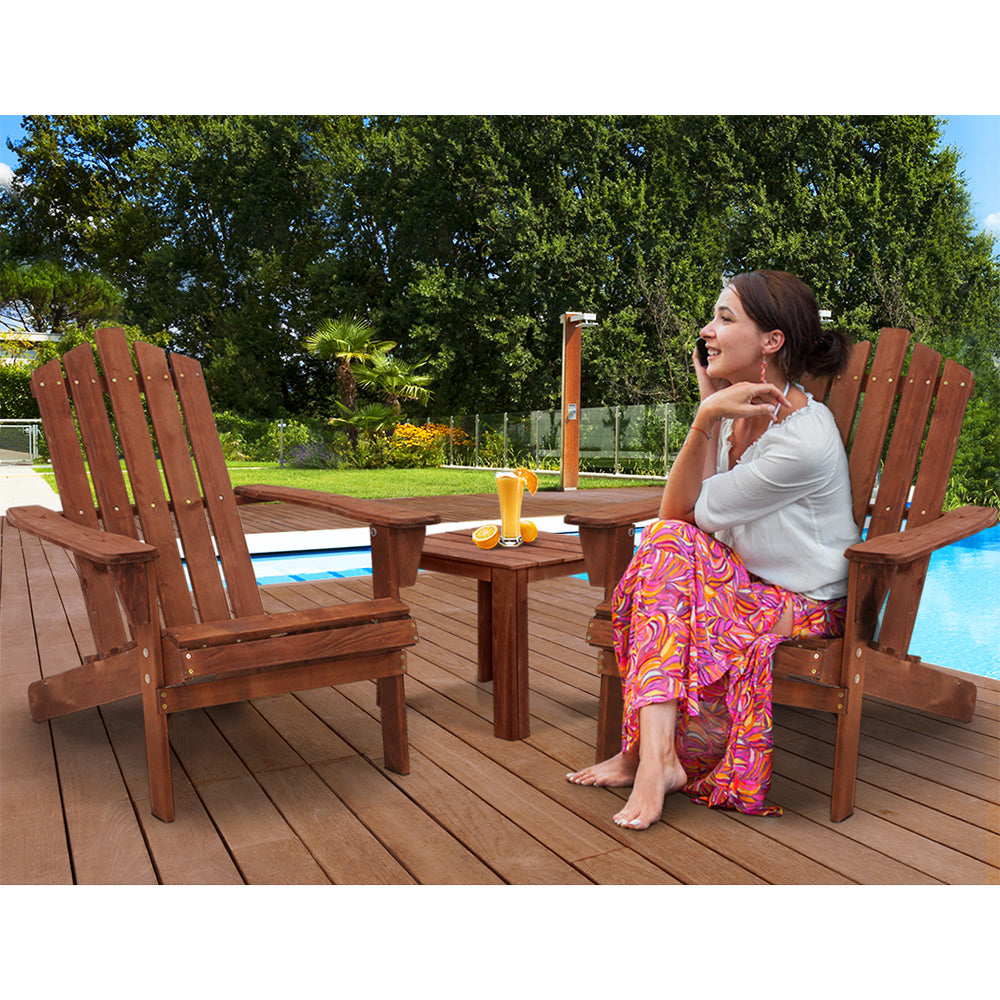 Outdoor Sofas & Lounge Sets: Gardeon 3PC Adirondack Outdoor Table and Chairs Wooden Beach Chair Brown