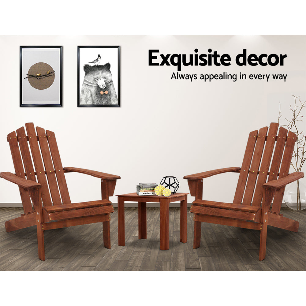 Outdoor Sofas & Lounge Sets: Gardeon 3PC Adirondack Outdoor Table and Chairs Wooden Beach Chair Brown