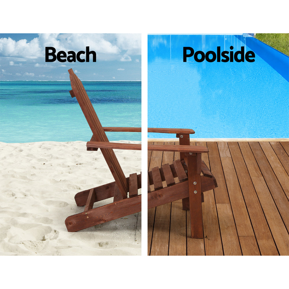 Outdoor Sofas & Lounge Sets: Gardeon 3PC Adirondack Outdoor Table and Chairs Wooden Beach Chair Brown