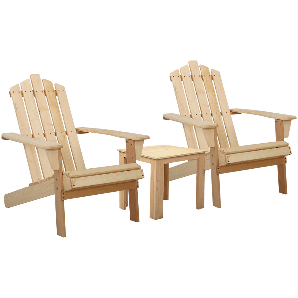 Outdoor Chairs: Gardeon 3PC Adirondack Outdoor Table and Chairs Wooden Beach Chair Natural