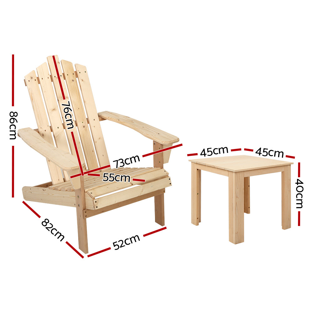 Outdoor Chairs: Gardeon 3PC Adirondack Outdoor Table and Chairs Wooden Beach Chair Natural