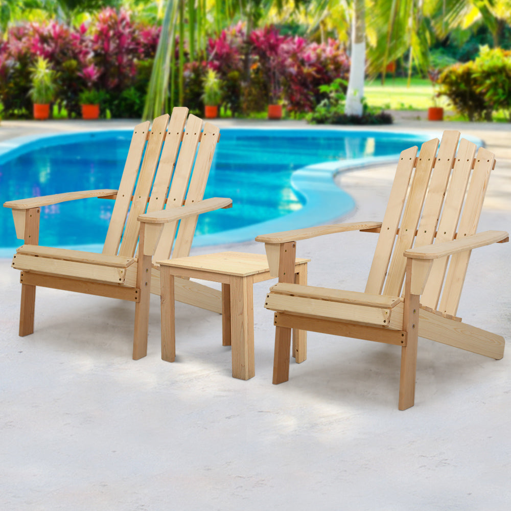 Outdoor Chairs: Gardeon 3PC Adirondack Outdoor Table and Chairs Wooden Beach Chair Natural